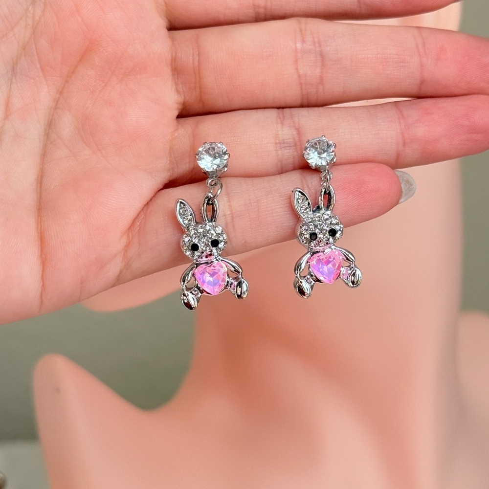 ⚜️ Silver and Pink Bunny Earrings - Picture 7 of 7